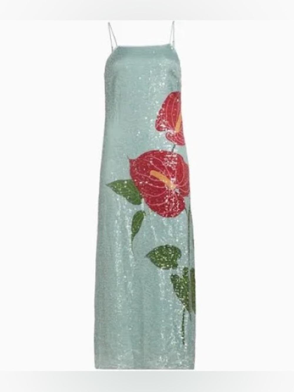 NWT FARM Rio Sequin Anthurium Flowers
Blue Slip Maxi Dress